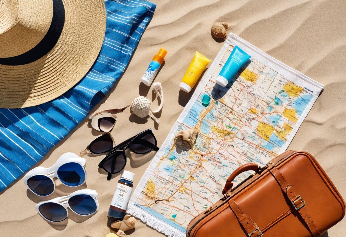 A vibrant flat lay of various sunscreens and travel items like sunglasses, a hat, and a beach towel, arranged on a sandy beach with a clear blue sky in the background. Include a suitcase partially open revealing travel essentials and a map. The image should exude a joyful and adventurous summer vibe, highlighting the importance of sunscreen for travel. super-realistic. vibrant colors. white background.
