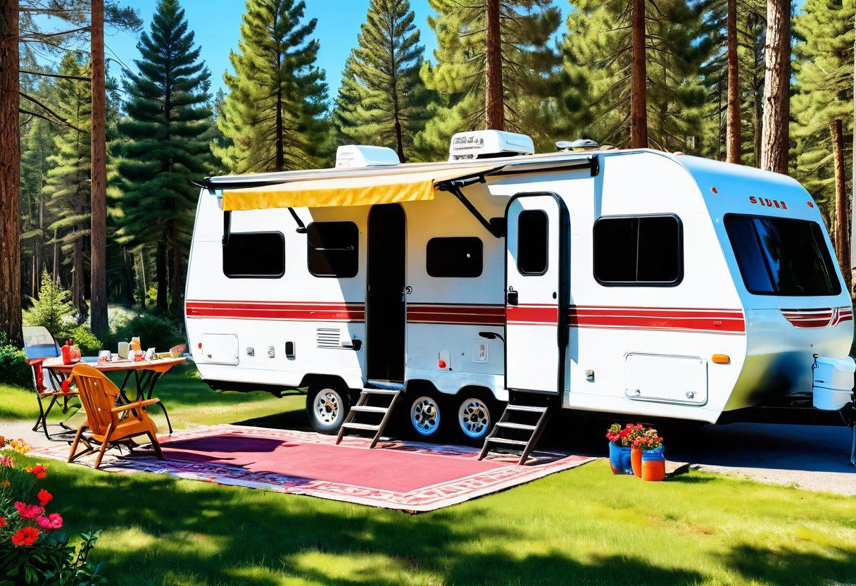 A sun-drenched RV parked in a picturesque campsite surrounded by tall pine trees and vibrant flowers, showcasing a happy camper applying colorful sunscreen on the sunny roof. Children playing nearby with a frisbee, and a dog happily wagging its tail. An open guidebook with illustrations of sunscreen tips lay on a picnic table. cheerful atmosphere, summer vibes. vibrant colors. super-realistic.